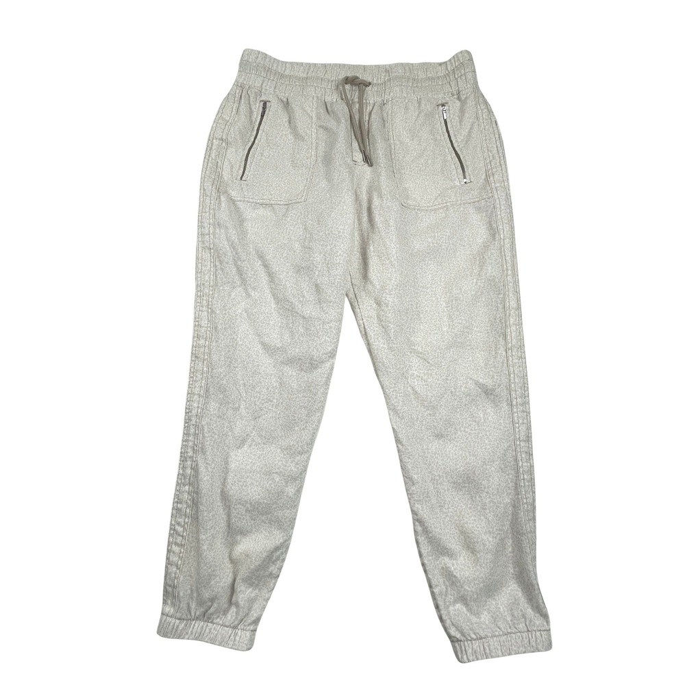 Athleta Womens 12 Cabo Linen Jogger Pants Grey Cheetah Print Drawstring Tapered